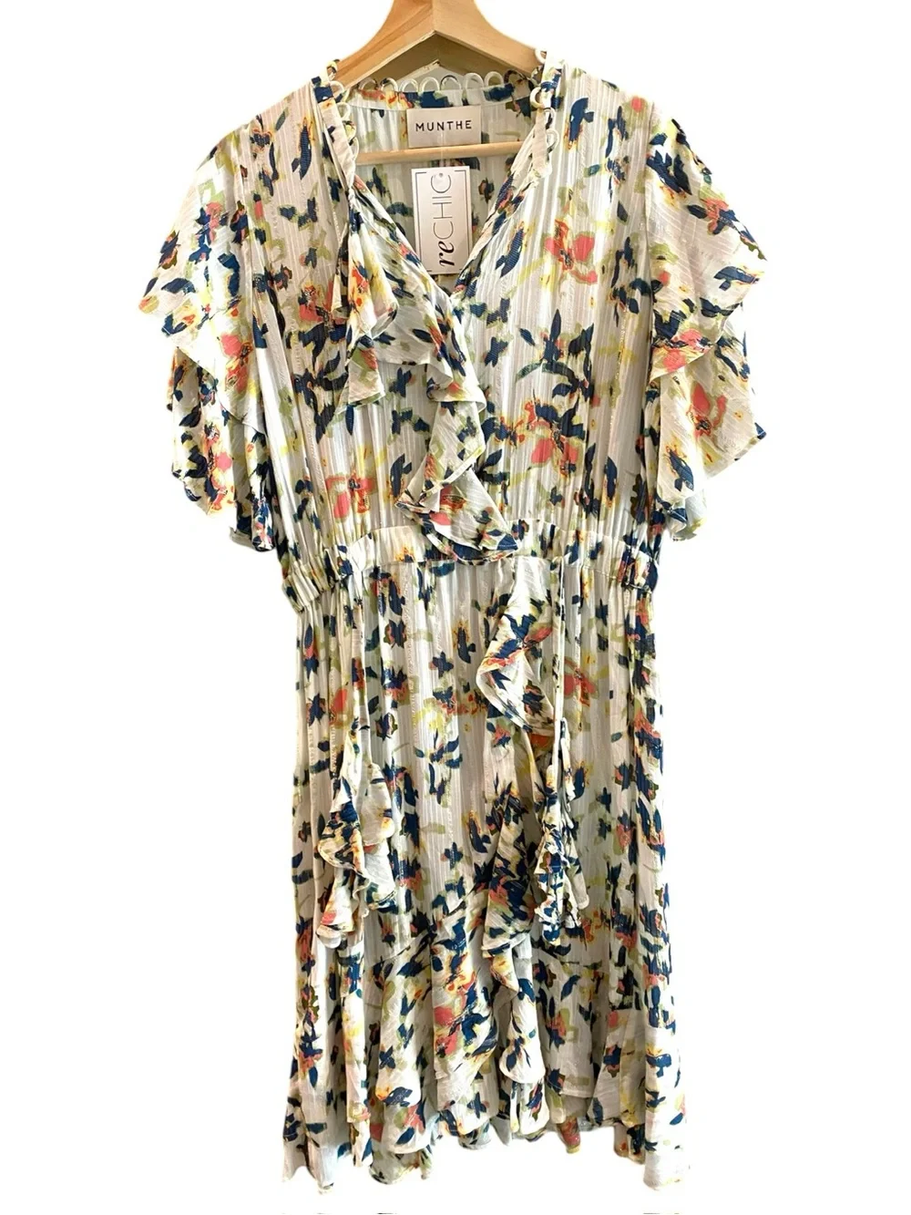 Munthe Humming Cascade Ruffle Floral Flutter Sleeve Faux Wrap Mini Dress